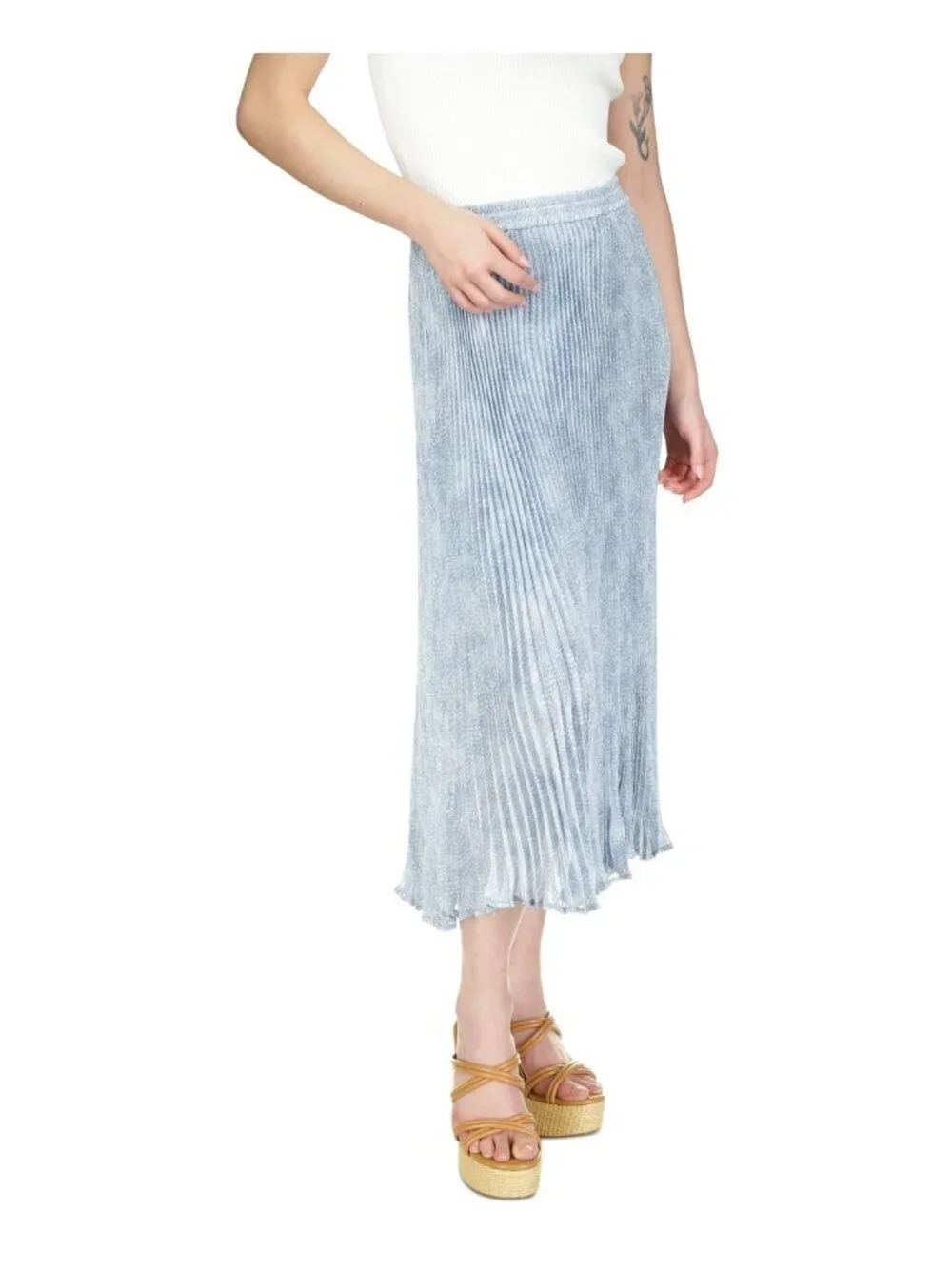 Michael Kors Tonal-Print All Over Pleated Midi Skirt Blue Size L MSRP $175